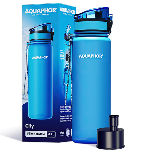 AQUAPHOR City Water Filter Bottle 17 oz | Reusable & Portable Filtered Water Bottle | BPA-Free | Perfect for Camping, Travel, Indoor & Outdoor Use | Navy