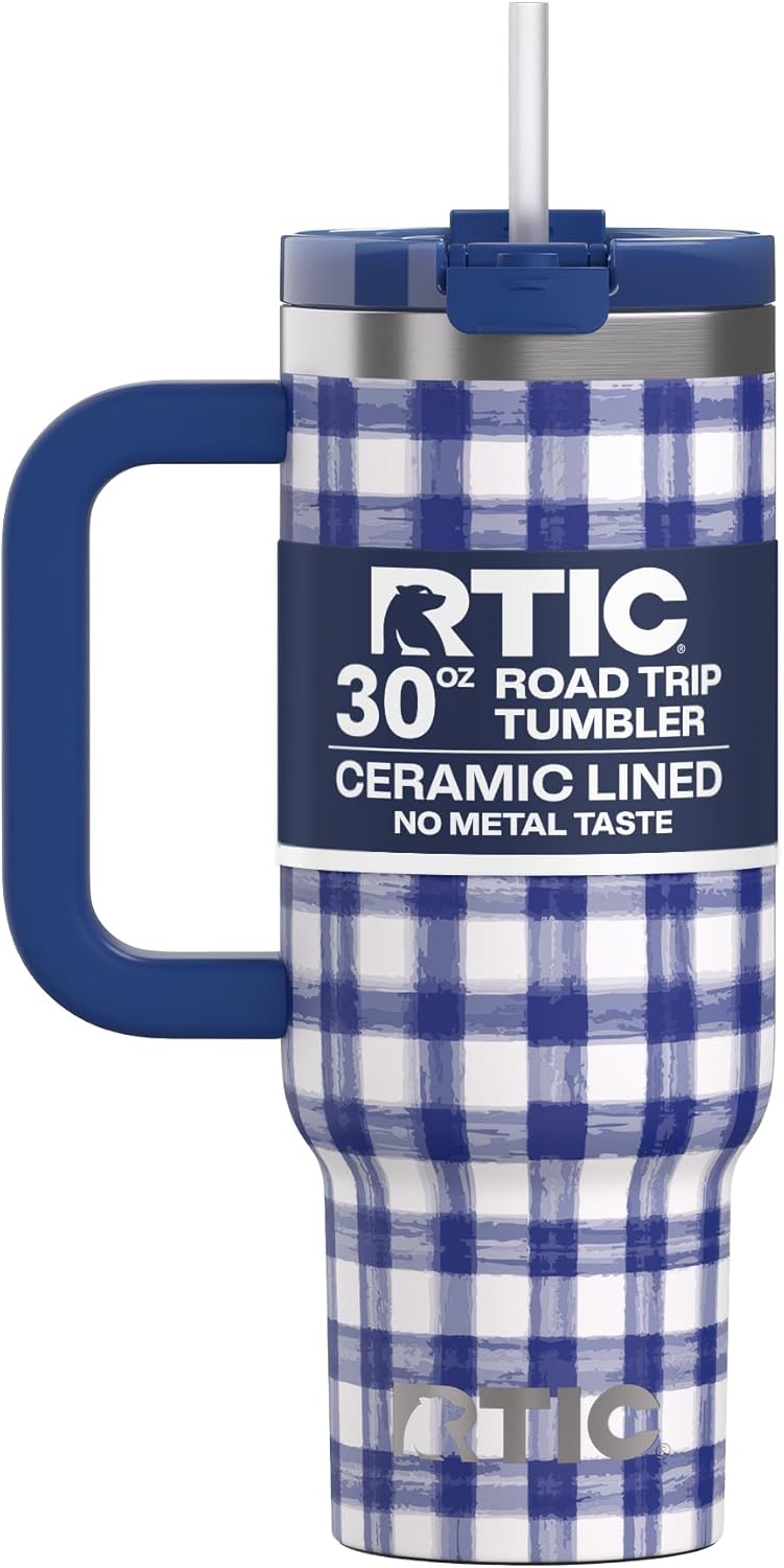 RTIC 30 oz Road Trip Tumbler Double-Walled Ceramic Lined InsulatedStainless Steel Portable Travel Coffee Mug Cup with Lid, Handle and Straw, Periwinkle Bouquet