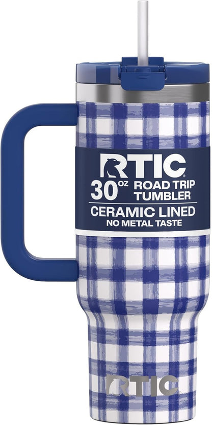 RTIC 30 oz Road Trip Tumbler Double-Walled Ceramic Lined InsulatedStainless Steel Portable Travel Coffee Mug Cup with Lid, Handle and Straw, Periwinkle Bouquet