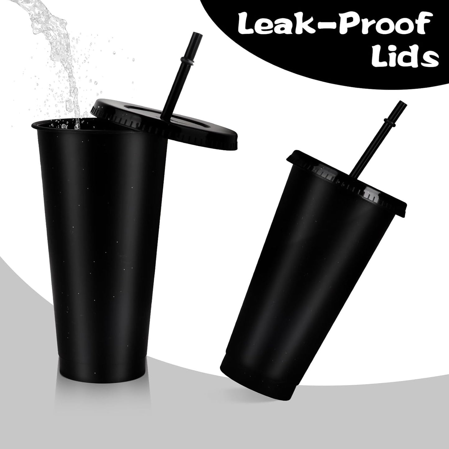 Hxezoc 16-Piece Reusable Cups with Lids and Straws, 24 oz Glitter Plastic Tumbler Iced Coffee Cups Travel Mug Cup for Smoothie Juices Beach or Bachelor Party (Black)