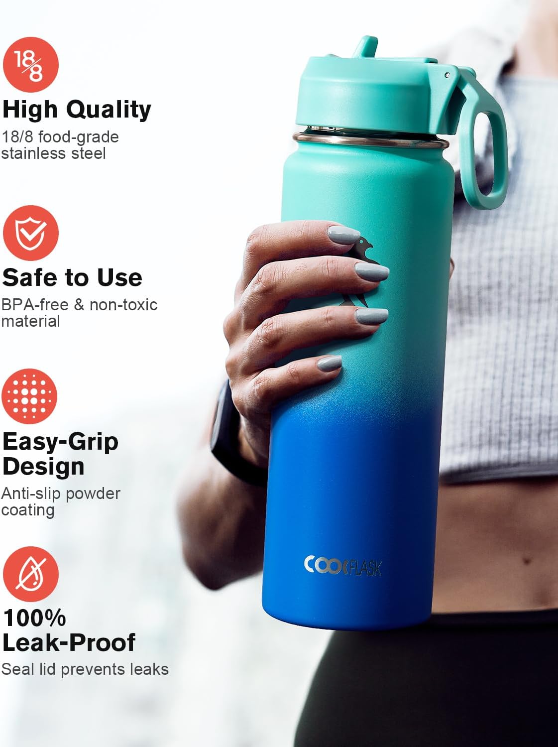 Half Gallon Water Bottle Insulated with Straw & 3 Lids, Coolflask 64 oz Water Jug Large Metal Stainless Steel Wide Mouth for Sports, Gym or Office, Non-BPA Keep Cold 48H Hot 24H, Samurai Cyan