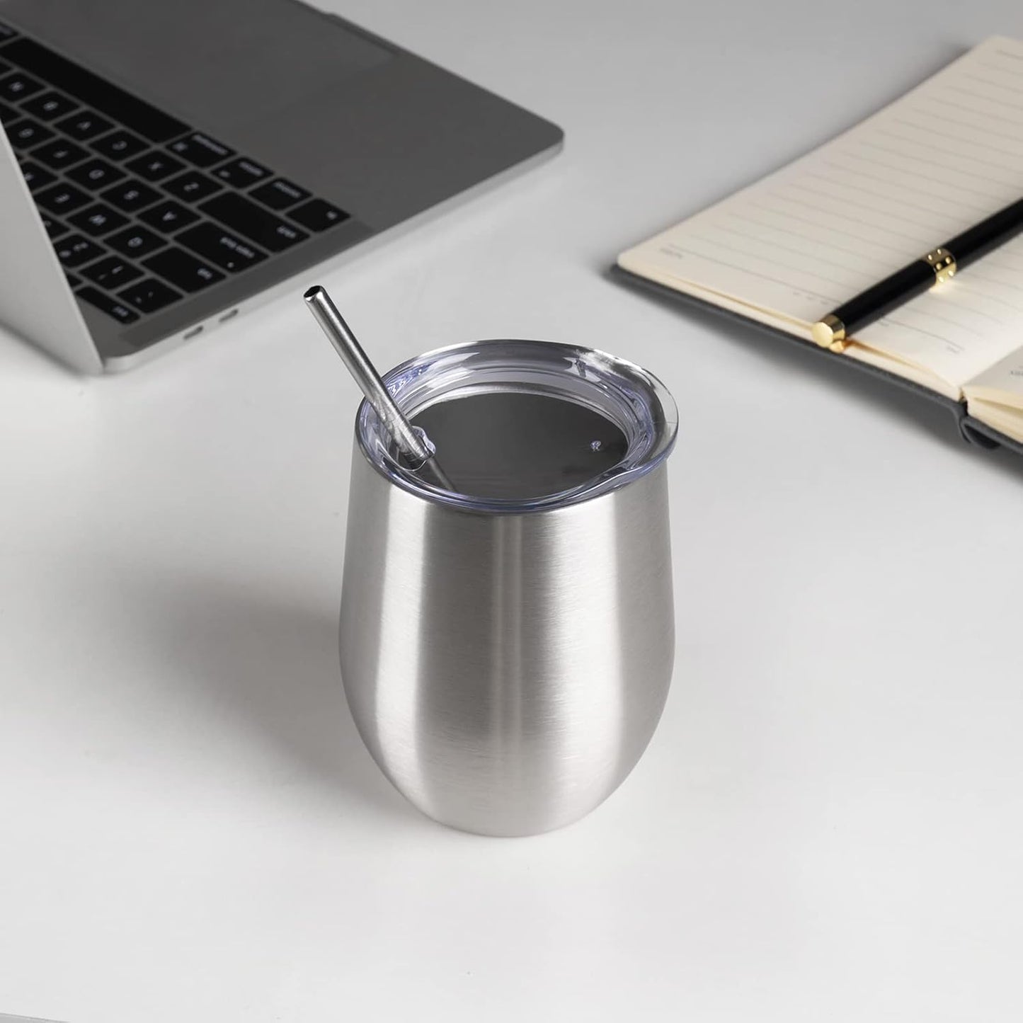 12 oz Insulated Wine Tumbler with Lid and Straw,Stainless Steel Stemless Wine Tumbler Glasses Double Wall Vacuum Wine Cups Tumbler for Coffee,Champaign,Cocktail,Office（Silver,1）