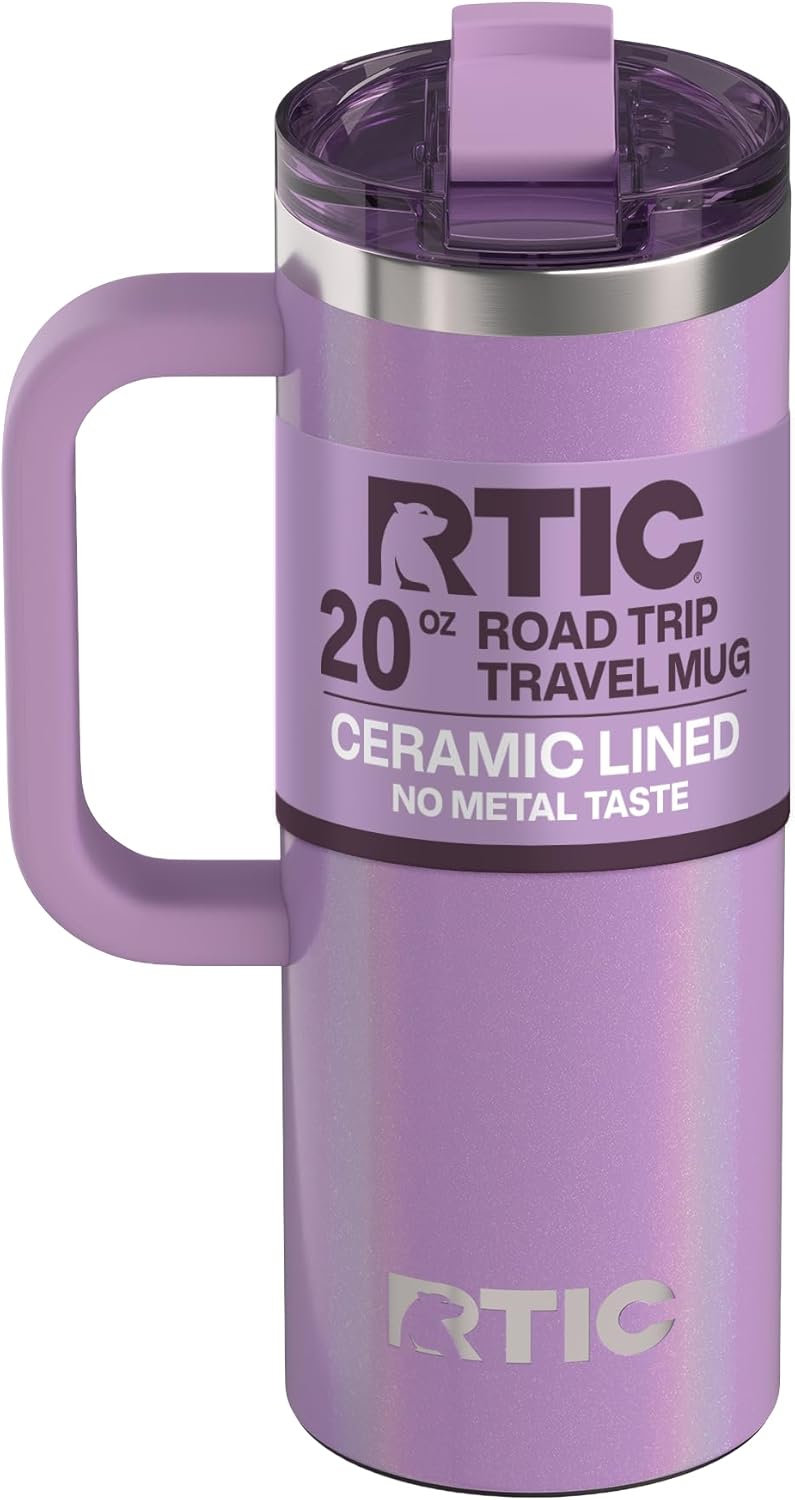 RTIC 20oz Road Trip Travel Mug with Lid and Handle, Ceramic Lined, Insulated, Stainless Steel, Metal, Double Wall Vacuum-Insulation, Portable Coffee, Tea Cup for Hot and Cold Drink, Black