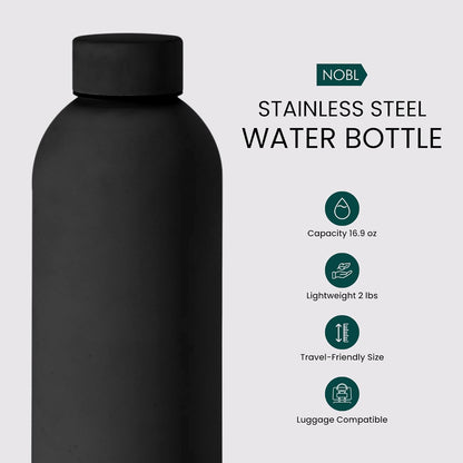 NOBL Stainless Steel Water Bottle,17 oz, 500 ml, Double Wall Vacuum Insulation, Sealed Bottle Keeps Drinks Cold 24 Hrs & Hot 12 Hrs, Leak Proof, Fits Noble Carry-On Cup Holder - Sand