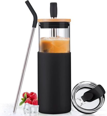 Kodrine 20oz Glass Water Tumbler with Straw and Lid, Bamboo Lids Water Bottle, Iced Coffee Cup Reusable, Wide Mouth Smoothie Cups with Protective Silicone Sleeve BPA FREE-Black - Colors A