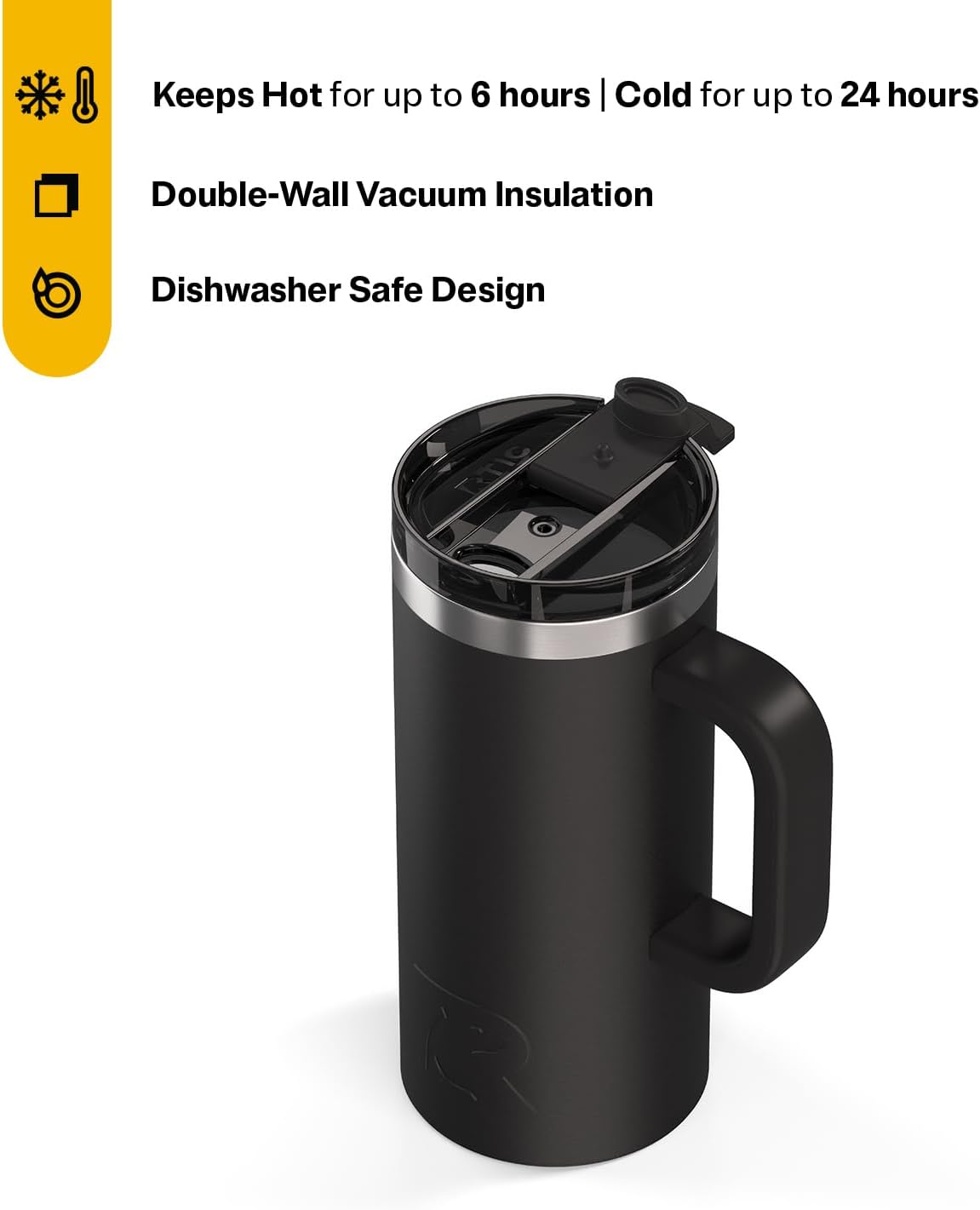 RTIC 20oz Road Trip Travel Mug with Lid and Handle, Ceramic Lined, Insulated, Stainless Steel, Metal, Double Wall Vacuum-Insulation, Portable Coffee, Tea Cup for Hot and Cold Drink, Black