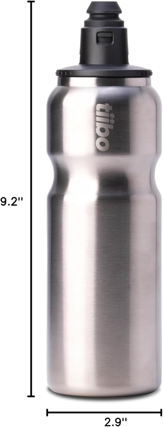 tiibo Vacuum Insulated Stainless Steel Bike Water Bottle, Double Wall, No-Squeeze, Fast Flow Sport Nozzle, Designed for Cycling, Biking, Fitness & Sports, Fits Most Bike Cages (Brushed, 23OZ)