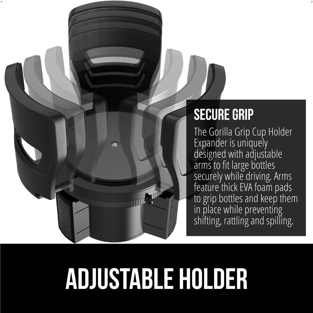 GORILLA GRIP Patent Pending Adjustable Car Cup Holder Expander, Keeps Water Bottle Secure, Expands to Fit 18 to 48 oz Large Bottles, Yeti, Owala, Stanley with Handle, Coffee Mug Insert for Cars, Black
