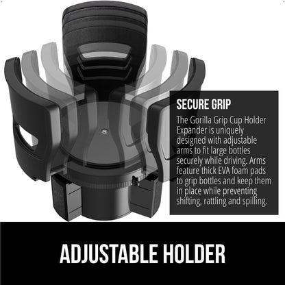 GORILLA GRIP Patent Pending Adjustable Car Cup Holder Expander, Keeps Water Bottle Secure, Expands to Fit 18 to 48 oz Large Bottles, Yeti, Owala, Stanley with Handle, Coffee Mug Insert for Cars, Black