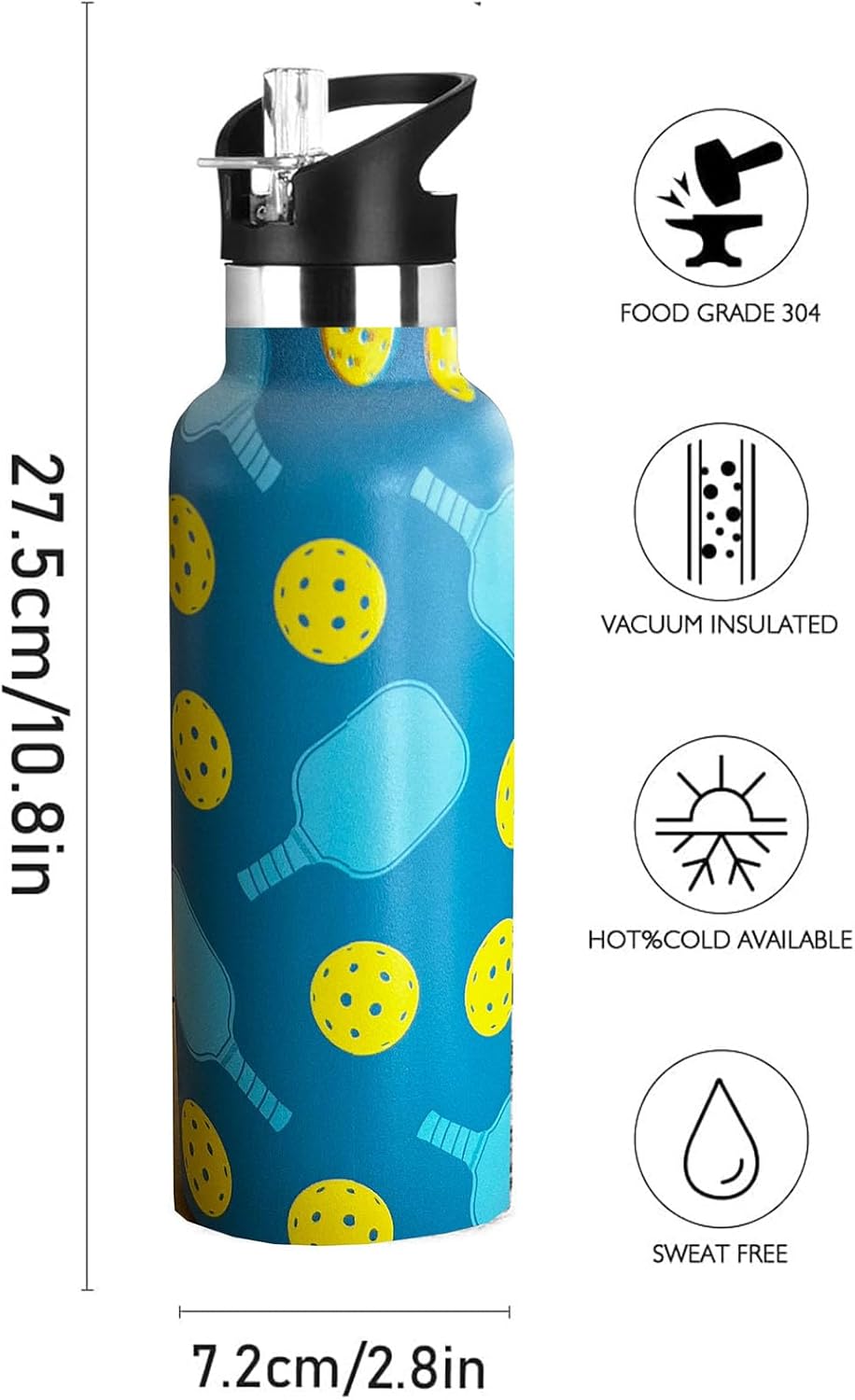 Pickleball Sport Water Bottle with Straw, Vacuum Insulated Stainless Steel Thermal Drinking Travel Mug Cups For Gym Fitness Camping-20oz/600ml