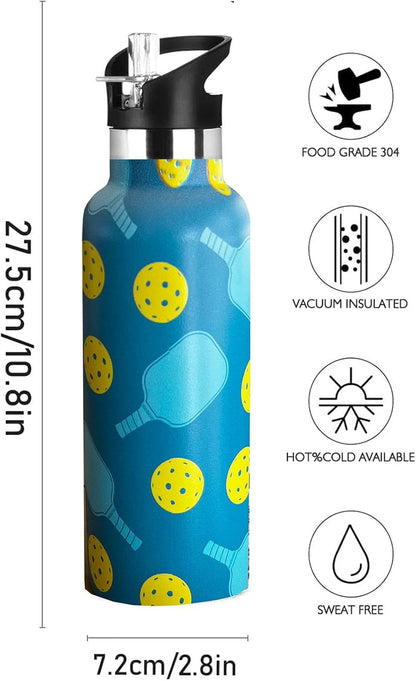 Pickleball Sport Water Bottle with Straw, Vacuum Insulated Stainless Steel Thermal Drinking Travel Mug Cups For Gym Fitness Camping-20oz/600ml