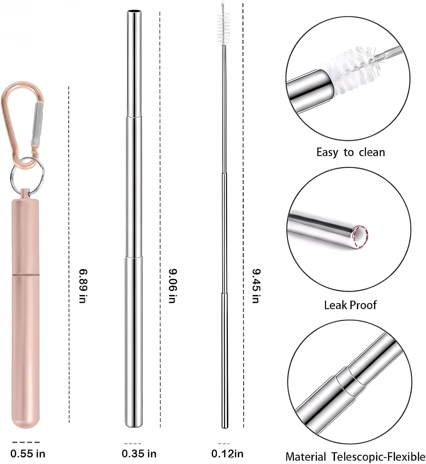 Collapsible Stainless Steel Drinking Straws with Aluminum Case, Cleaning Brush, and Keychains（Black+Silver）