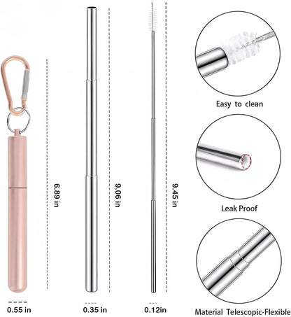 Collapsible Stainless Steel Drinking Straws with Aluminum Case, Cleaning Brush, and Keychains（Black+Silver）