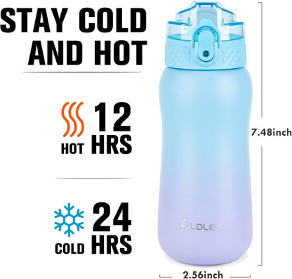 Oldley Insulated Water Bottle 20oz for Adults Kids Stainless Steel Water Bottles with Straw/Chug/Carabiner 3 Lids Fruit Strainer Double Wall Vacuum Wide Mouth BPA Free Leak-Proof for School Travel