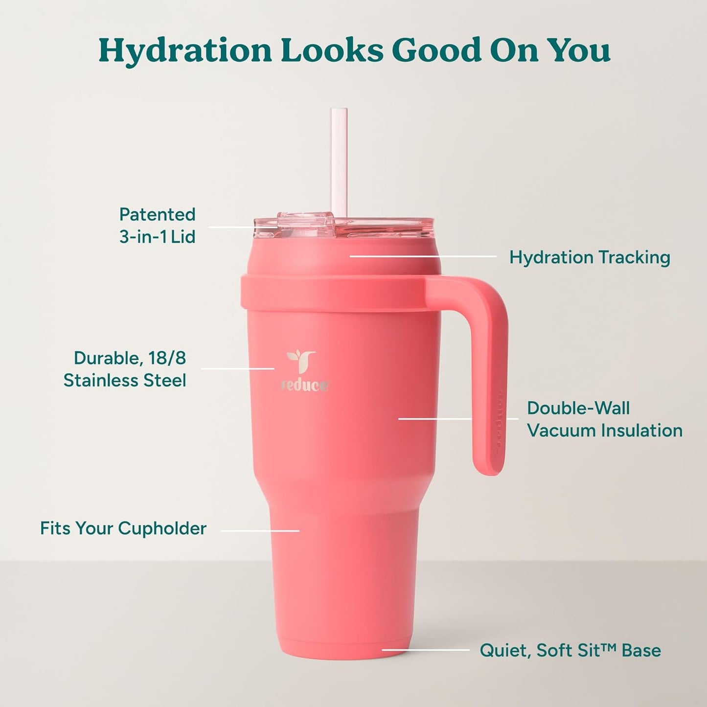 REDUCE 24 oz Stainless Steel Tumbler with Handle - Dual-Wall Vacuum Insulated Travel Mug, Sweat-Proof Lid & Reusable Straw - Keeps Drinks Cold for 24 Hrs, Fits Cupholders, Dishwasher Safe - Lilac Bud