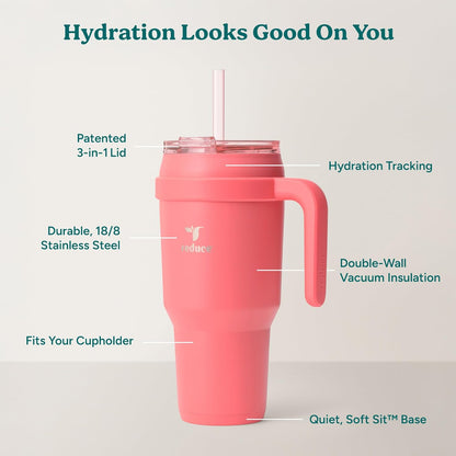 REDUCE 24 oz Stainless Steel Tumbler with Handle - Dual-Wall Vacuum Insulated Travel Mug, Sweat-Proof Lid & Reusable Straw - Keeps Drinks Cold for 24 Hrs, Fits Cupholders, Dishwasher Safe - Lilac Bud