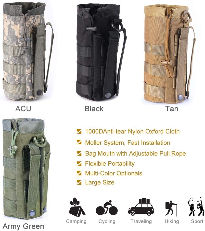 Upgraded Sports Water Bottles Pouch Bag, Tactical Drawstring Molle Water Bottle Holder Tactical Pouches, Travel Mesh Water Bottle Bag Tactical Hydration Carrier