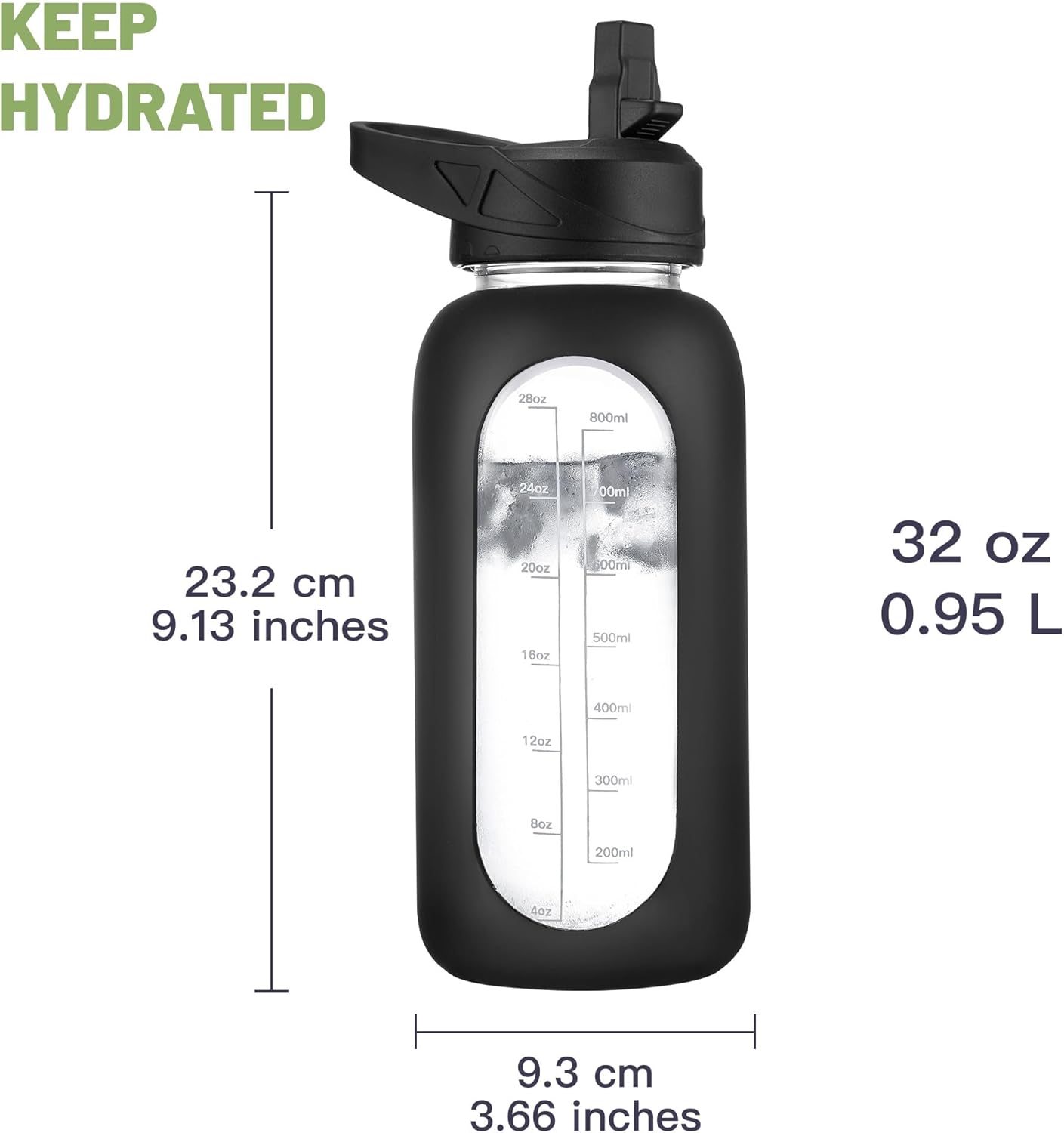 CIVAGO 32 oz Glass Water Bottle with Straw and Insulated Bottle Holder Sling, Motivational Water jug with Time Marker and Silicone Sleeve, Large Sport Water Flask with 2 Lids, Black