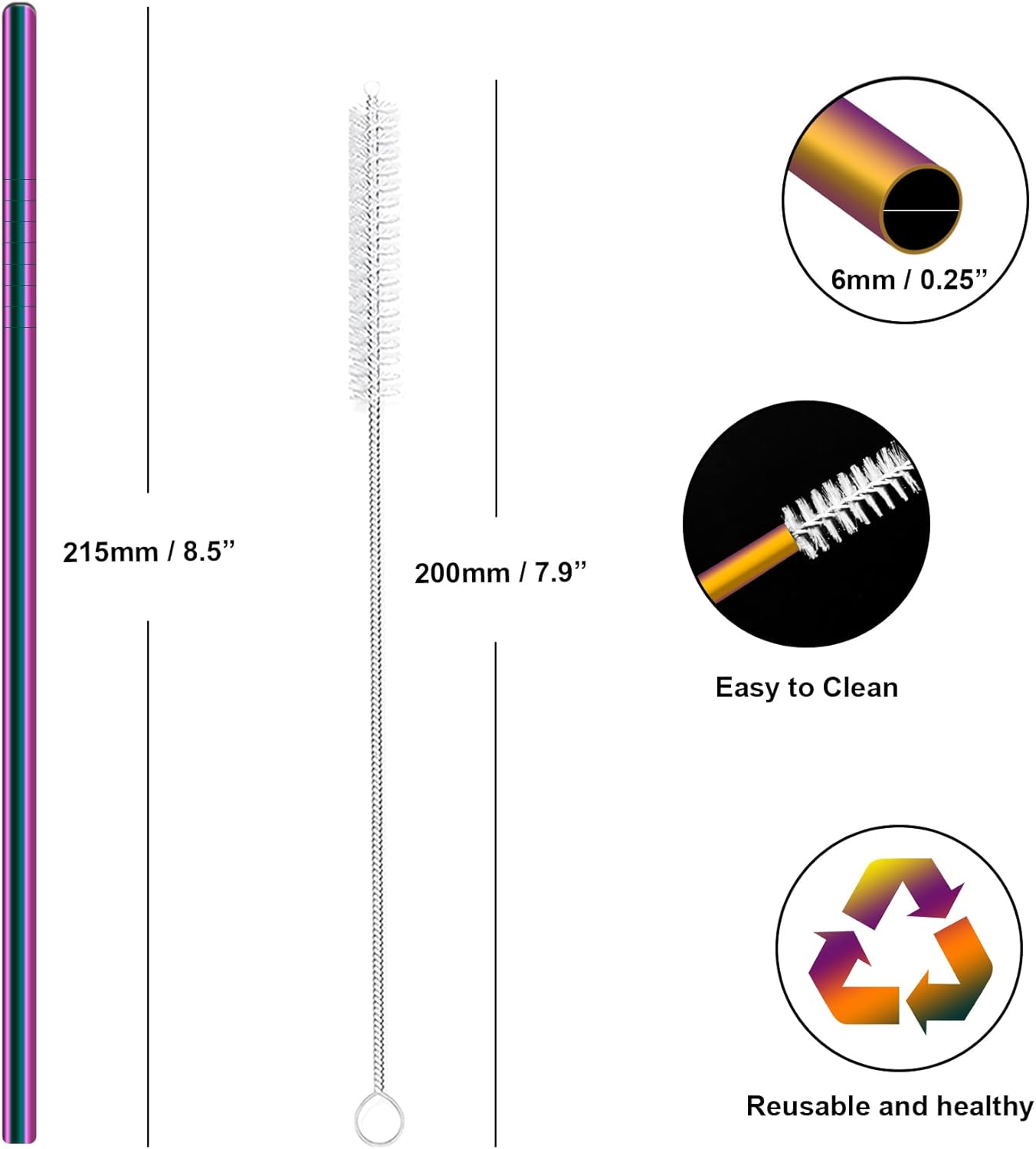 Stainless Steel Straws Metal Reusable Drinking Straw for Juice Iced Coffee Cold Beverage Water Highball Glasses 20oz Tumblers Mugs Cups, 0.24" 6mm Wide 215mm Long, Set of 8 with Brush, Silver