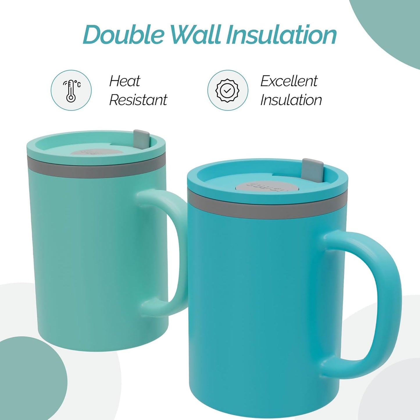 Copco Iconic 16oz Double Wall Insulated Desk Mug with Lid & Handle, Set of 2, BPA-Free Reusable Plastic, Spill-Resistant, Microwave & Dishwasher Safe, Wide Mouth (Grey)