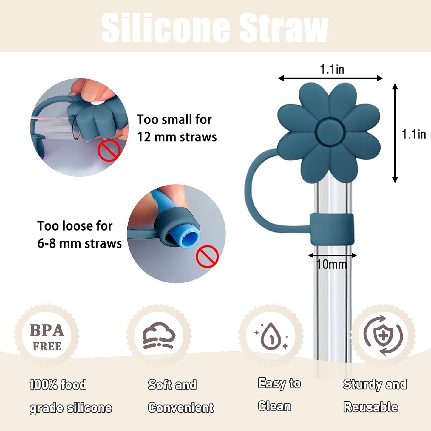 Flower Straw Covers Toppers for Stanley Cups 30&40 Oz Tumbler with Handle Accessories 4PCS Silicone Straw Caps Reusable Straws Tips Protectors for Stanley Cup 10mm 0.4in Straws,Off White