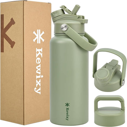 KEWIXY 32 oz Insulated Water Bottle, 2-in-1 Lid, Straw & Spout with Protected, Leak Proof, Keep Cold, Stainless Steel, Metal, Reusable, Handle, for Outdoor, Gym and School, 2 Lids, Blush Pink