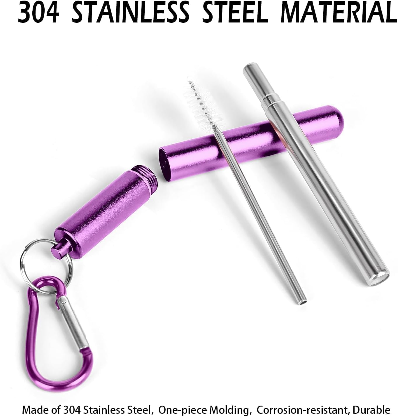 Collapsible Stainless Steel Drinking Straws with Aluminum Case, Cleaning Brush, and Keychains（Black+Silver）