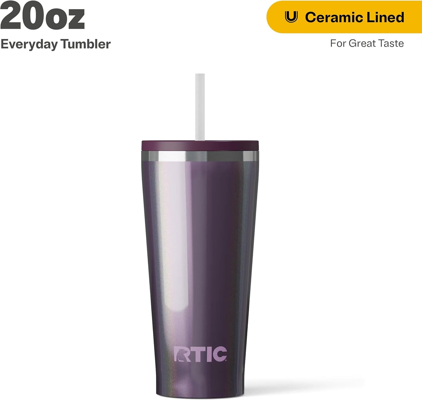 RTIC 20oz Everyday Tumbler Insulated Stainless Steel Portable Travel Coffee Cup with Straw, Ceramic Lining, Spill-Resistant Lid, BPA-Free, Hot and Cold Drink, Beach