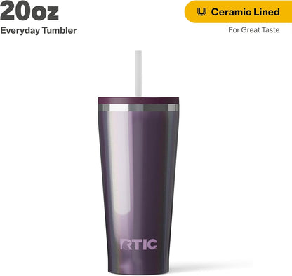 RTIC 20oz Everyday Tumbler Insulated Stainless Steel Portable Travel Coffee Cup with Straw, Ceramic Lining, Spill-Resistant Lid, BPA-Free, Hot and Cold Drink, Beach