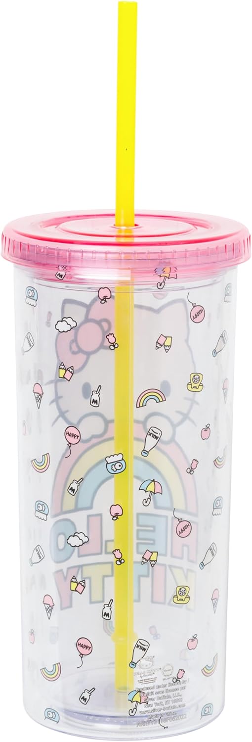 Silver Buffalo Sanrio Hello Kitty Milk Carton Pattern Plastic Boba Tumbler w Lid and Wide Straw, 24 Ounces