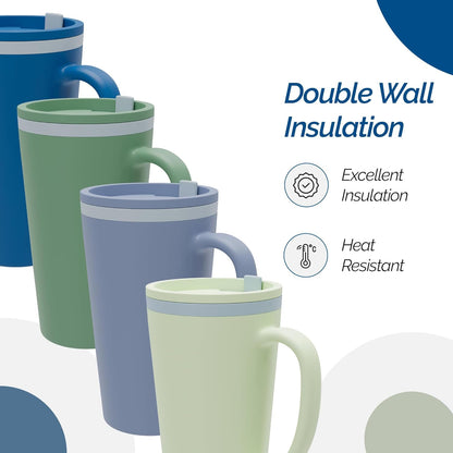 Copco Cone Desk Mug, 16 oz (Set of 4) - Double Wall Insulated Mugs with Handle, Reusable Plastic Tumblers with Twist-Off Spill Resistant Lid, BPA-Free, Microwave & Dishwasher Safe (Assorted Colors)
