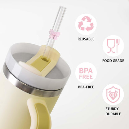 6 Pack Replacement Glass Straws for Stanley 40 oz 30 oz Tumbler, Reusable Cute Flower Glass Straws, Stanley Straw with Cleaning Brush Stanley Cup Accessories, 12 inches