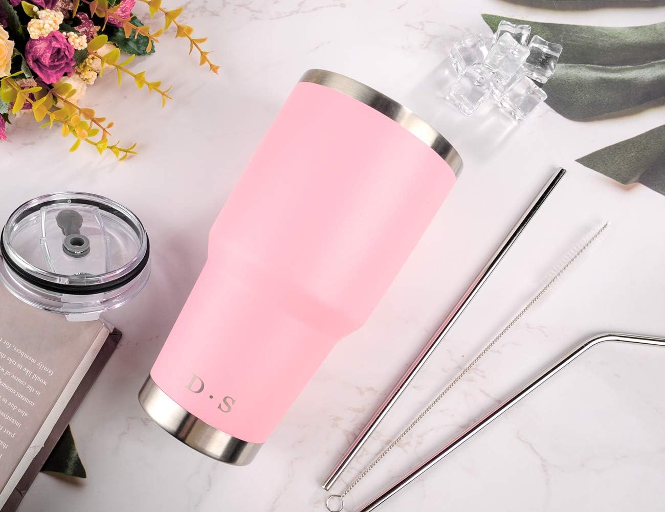 D·S 30oz Blue Tumbler Stainless Steel Double Wall Vacuum Insulated Mug with Straw and Lid, Cleaning Brush for Cold and Hot Beverages