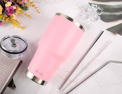 D·S 30oz Blue Tumbler Stainless Steel Double Wall Vacuum Insulated Mug with Straw and Lid, Cleaning Brush for Cold and Hot Beverages
