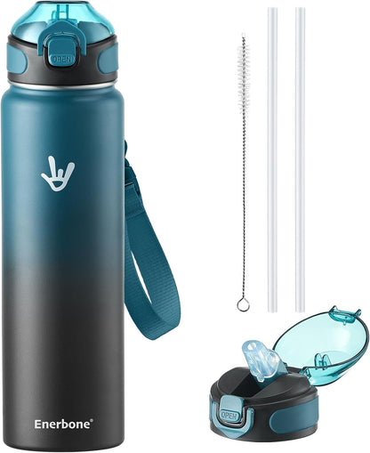 Enerbone 24 oz Insulated Water Bottle, Stainless Steel Bottle with Carrying Strap, Double-Wall Vacuum Insulation Design, Leakproof Sports Bottle with Straw, Keep Drinks Cold or Hot for Hours
