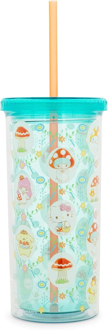 Silver Buffalo Sanrio Hello Kitty and Friends Plastic Boba Tumbler with Lid and Straw Featuring Hello Kitty, Cinnamorroll, Kuromi, My Melody, Badtz Maru, Keroppi, Chococat, and Pompompurin, 24 Ounces