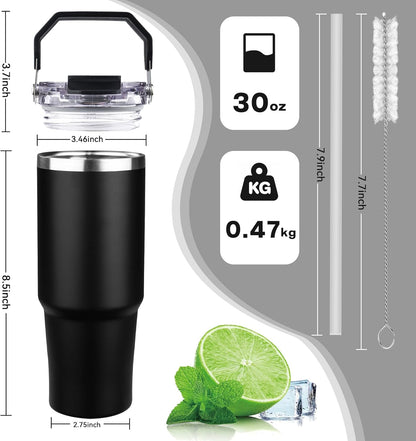 30oz Tumbler with Handle and Flip Straw Lid Double Wall Insulated Travel Coffee Mug Stainless Steel Vacuum Insulated Coffee Tumbler Cup for Hot and Cold Beverages,Leak-proof&BPA-free (30oz,Black)