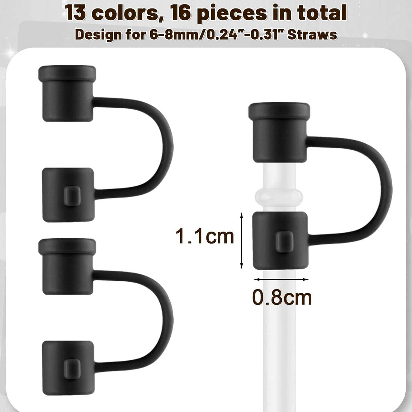 Straw Toppers Straw Covers Cap for Cup, PLULON 16Pcs Silicone Straw Cover Caps 8mm Reusable Straw Tips Dust-Proof Straw Toppers Black Straw Covers Plugs Straw Protector Accessories