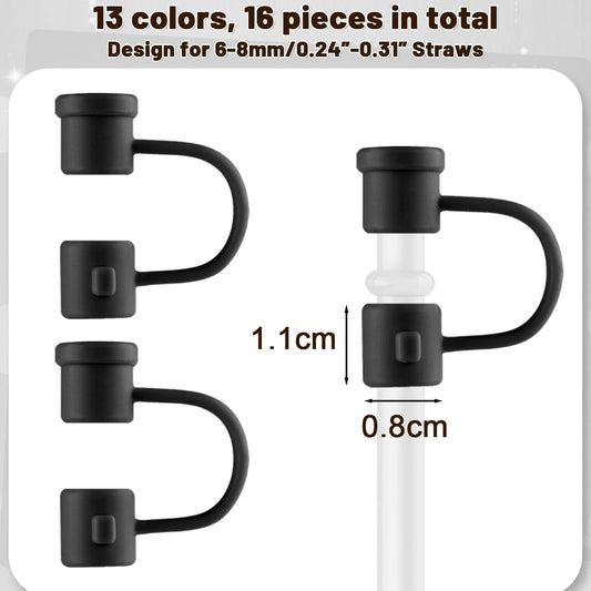 Straw Toppers Straw Covers Cap for Cup, PLULON 16Pcs Silicone Straw Cover Caps 8mm Reusable Straw Tips Dust-Proof Straw Toppers Black Straw Covers Plugs Straw Protector Accessories