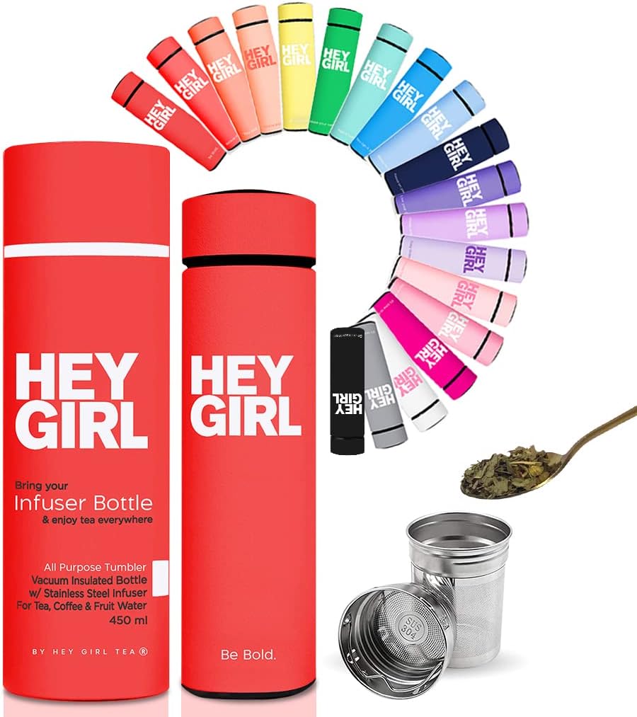 Hey Girl Tea Infuser Bottle 450ml - Insulated Stainless Steel Water Bottle - Tea Tumbler with Tea Diffuser - Portable Travel Mug for Loose Leaf Tea & Infused Water - Tea Lovers Gifts for Women (Pink)