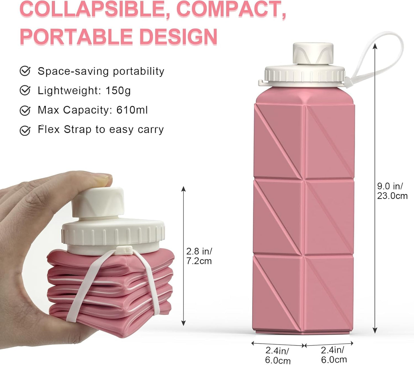 BEAUTAIL Collapsible Water Bottles 20.6oz, Silicone Foldable Portable Travel Water Bottle, Lightweight Reusable Leakproof for Traveling Camping Hiking Cycling Yoga Sports Outdoor