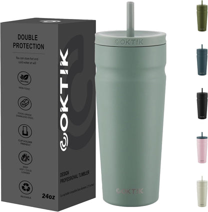 COKTIK 24oz Insulated Tumbler with Lid and Straw Iced Coffee Cup Reusable Stainless Steel Travel Mug Water Bottle Cupholder Friendly for Women Men Her Him (Blush)