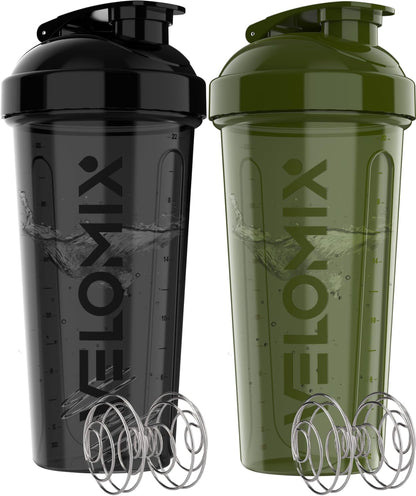 VELOMIX -2 Pack- 28 oz Protein Shaker Bottles for Protein Mixes - 2x Wire Whisk | Leak Proof Shaker Cups for Protein Shakes | Protein Shaker Bottle Pack (Black/Transparent)