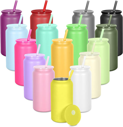 16oz Stainless Steel Can Tumblers, 16 Pack Insulated Beer Can Glass Cups with Lids and Straws, Iced Coffee Cup for Smoothie, Juice, Soda, Milk, Multiple colors