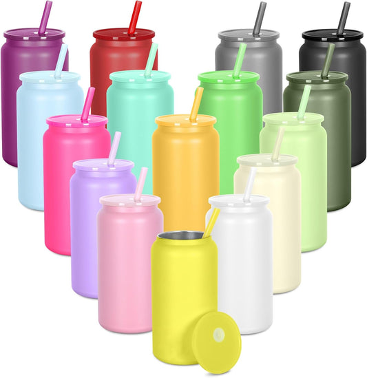 16oz Stainless Steel Can Tumblers, 16 Pack Insulated Beer Can Glass Cups with Lids and Straws, Iced Coffee Cup for Smoothie, Juice, Soda, Milk, Multiple colors