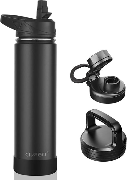 CIVAGO 32 oz Insulated Water Bottle With Straw, Stainless Steel Sports Water Cup Flask with 3 Lids (Straw, Spout and Handle Lid), Wide Mouth Travel Thermal Mug, Black
