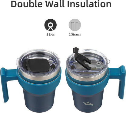 Konokyo 20 oz Tumbler with Handle and 2 Straw 2 Lid, Insulated Water Bottle Stainless Steel Vacuum Cup Reusable Travel Mug,Black