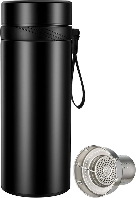 KYZ Insulated Water Bottle with Tea Infuser, 37 oz Wide Mouth Stainless Steel Tumbler, Leak-Proof Travel Water Bottle for Hot & Cold Drinks, Includes Carry Strap for Commuting, Office & Outdoor