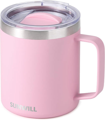 SUNWILL Travel Coffee Mug with Lid, Insulated Tumbler with Handle, 14 oz Stainless Steel Cup for Ice, Water, Tea, Rose Gold
