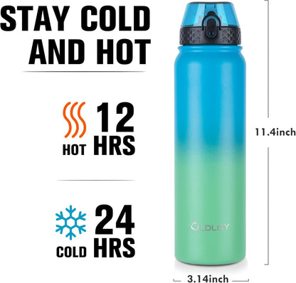 Oldley Insulated Water Bottle 20oz for Adults Kids Stainless Steel Water Bottles with Straw/Chug/Carabiner 3 Lids Fruit Strainer Double Wall Vacuum Wide Mouth BPA Free Leak-Proof for School Travel